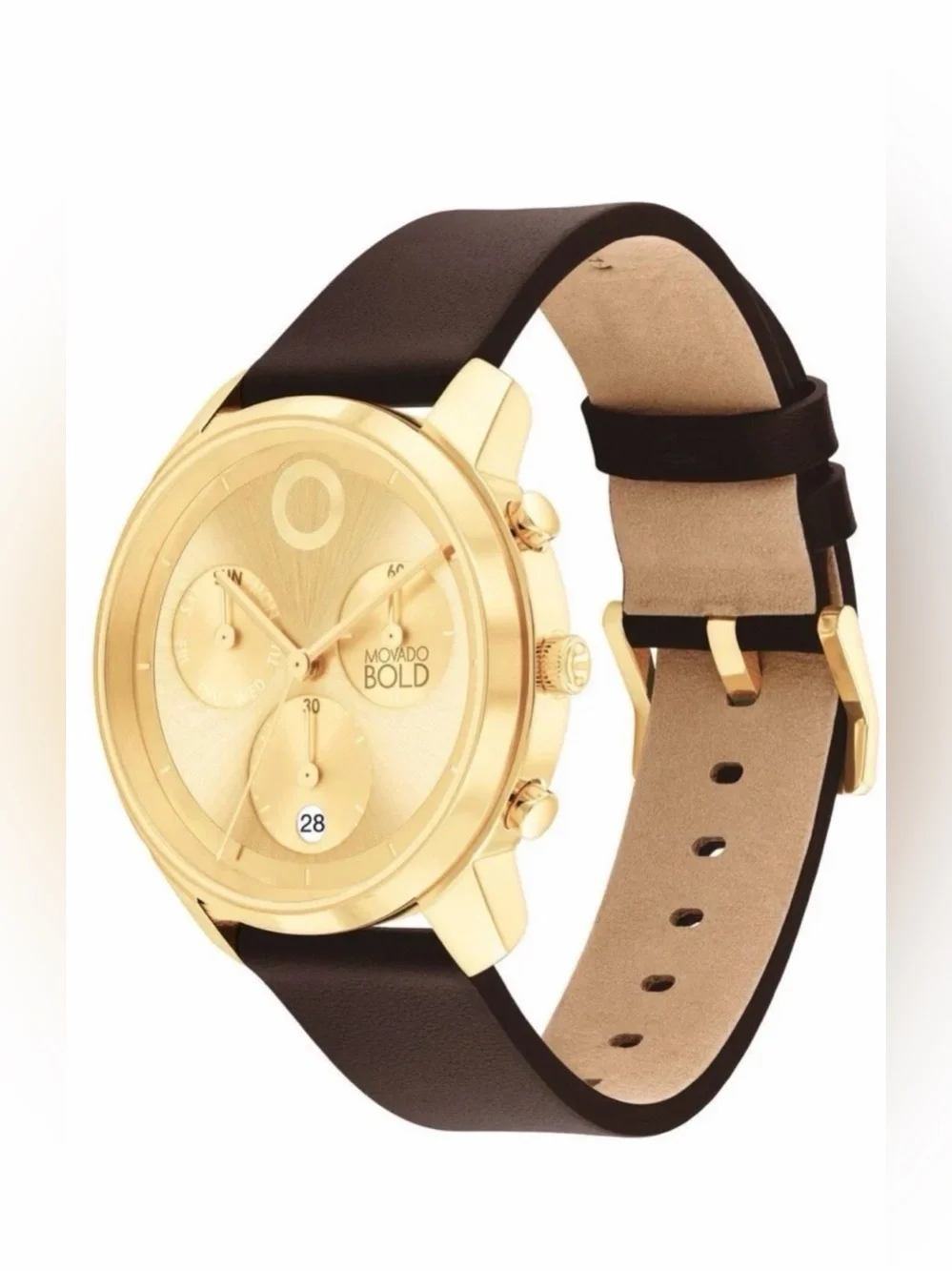 New Movado Bold Men’s Yellow Gold Brown Leather Strap Watch 3601029